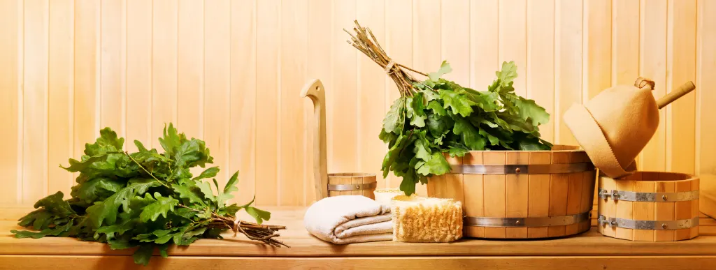 sauna accessories in a wooden sauna